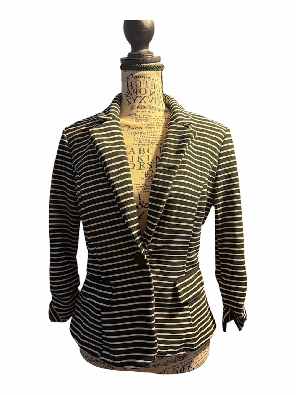 Striped Black and White Knit Blazer with Notch Lapel
